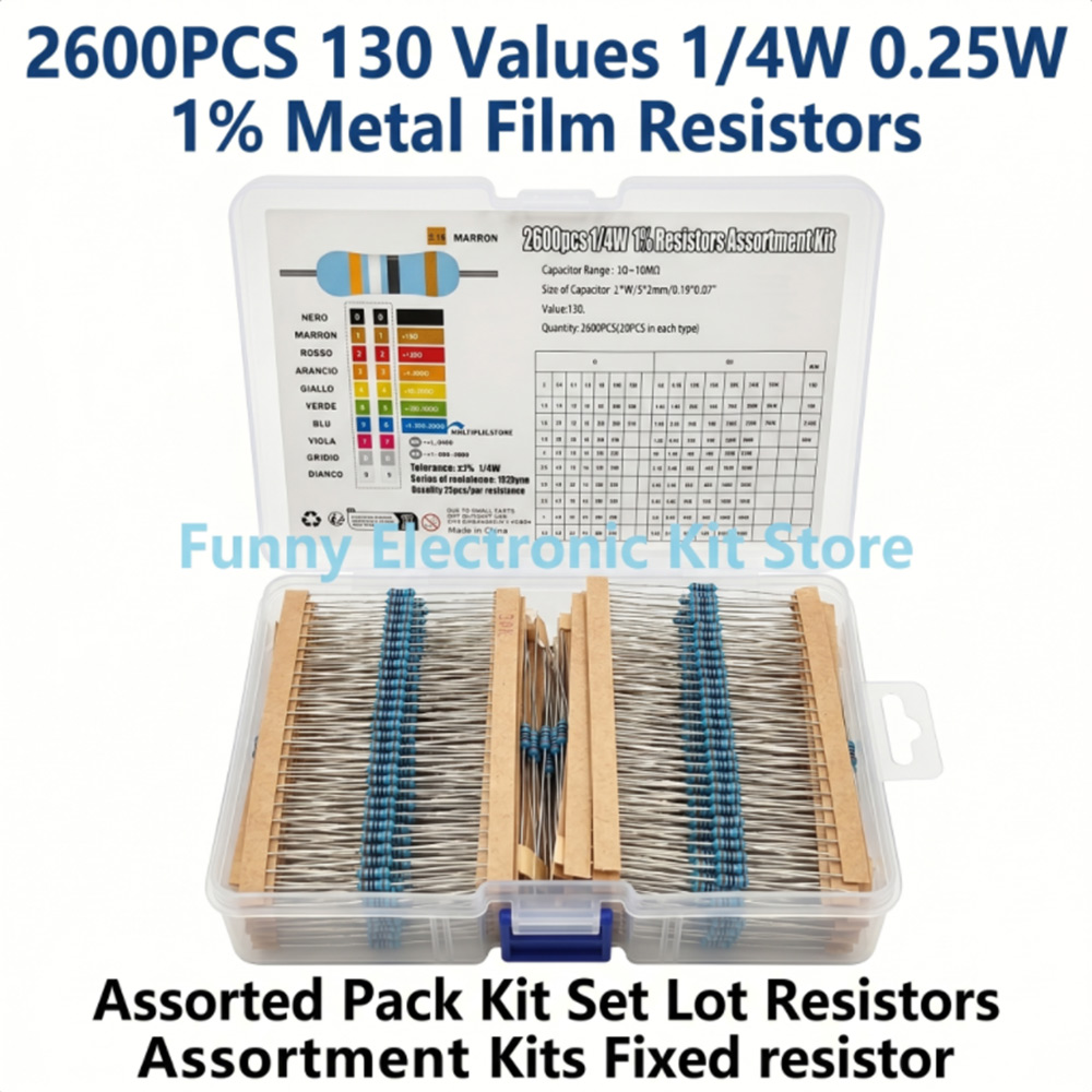 Diy Electronics Components Kit - 2600個入り金属皮膜抵抗器詰め合わせパック 130種類 1/4W 0.25W 1%固定抵抗器キットセット 電子工作DIYプロジェクト用